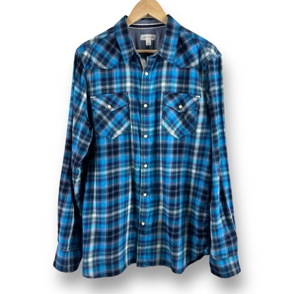 Sun Stone Men's L Pearl Button‎ Up Plaid Western Shirt Blue Pocket Front Flannel